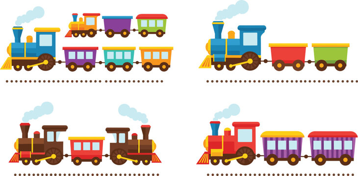Cute cartoon train collection with colorful locomotives and wagons, kids transport set for nursery design, toys illustration and playful vector railway elements