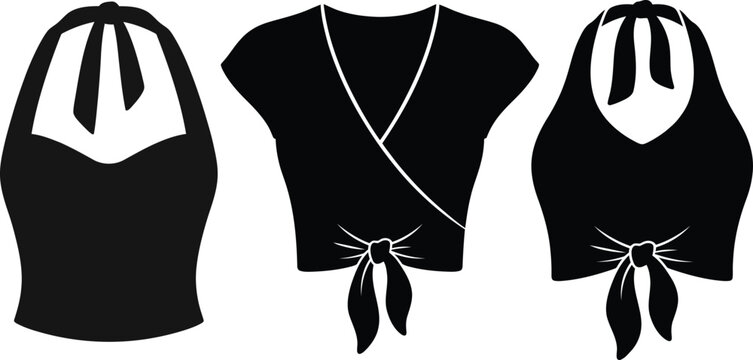 Three black silhouette outlines of women's halter tops and a wrap on a white background