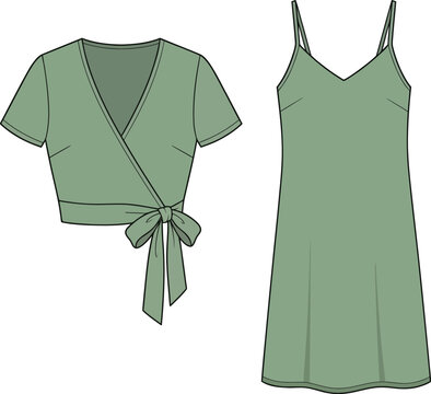 Two flat fashion in sage green showing a wrap crop and a spaghetti strap mini dress