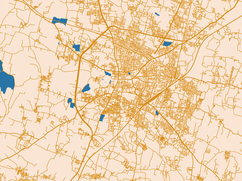 City map of Dindigul, India &mdash; minimal parchment-toned map with golden street network and sky-blue water areas