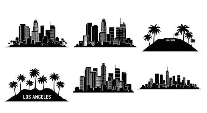 Los Angeles Skyline Silhouette Collection: Diverse Cityscapes and Palm Trees