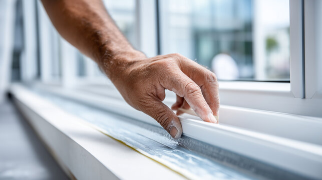 Close-up of a hand (faceless) applying a self-expanding sealing tape (PSUL) to the outer edge of a window frame, Thermal Protection concept, sharp focus on the foam texture and adh