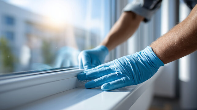 Close-up of a worker's fingers (faceless) in a clean glove peeling back the blue protective film from a pristine white PVC frame, Project Completion concept, sharp focus on the pee