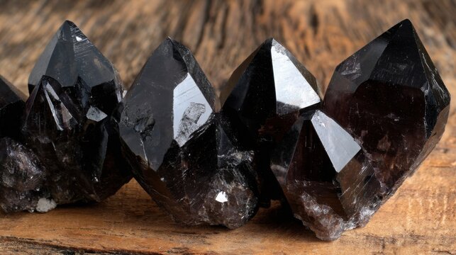 Dark black tourmaline crystals clustered together showcasing their natural raw facets and geometric forms