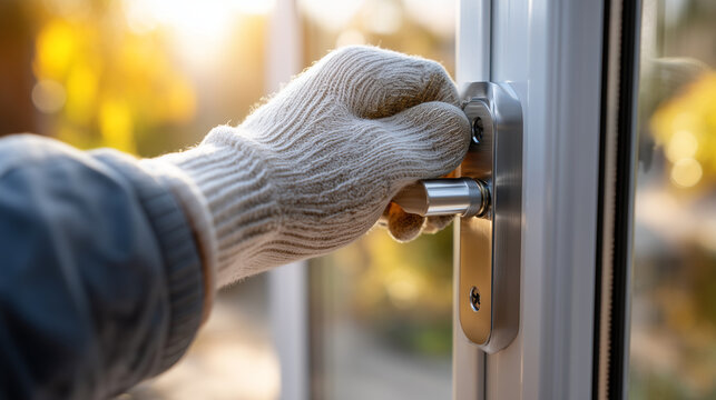 Close-up of a hand (faceless) in a clean white knit glove installing a new ergonomic silver window handle onto a PVC door, Window Hardware concept, sharp focus on the metallic fini