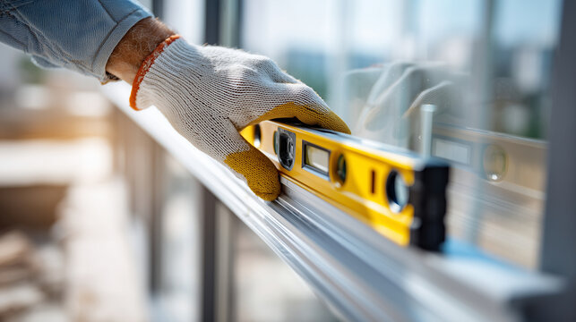 Close-up of a hand (faceless) in a clean glove placing a spirit level on top of a newly installed window frame, Installation Precision concept, sharp focus on the air bubble and th