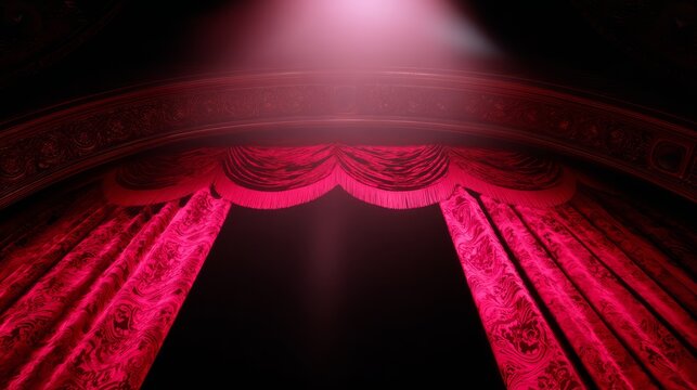 archway. Dramatic red velvet curtain under theatrical lighting, highlighting rich textures and shadows. event programs, museum guides, designed for cultural heritage projects and event programs.
