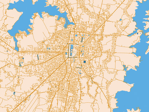City map of Imphal, India &mdash; warm cream background with golden road lines and bright blue water in a clean flat cartographic style