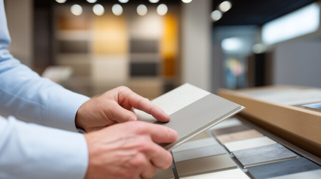 Close-up of two pairs of hands at a hardware store counter looking at a wallpaper sample book together, one hand holding the book open while the other hand points at a specific pat