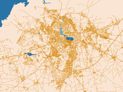 Minimal city map of Jamnagar, India with light cream and blue contrast