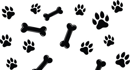 Dog paw print and bone pattern illustration, black silhouettes scattered across white background for pet-themed design projects - flat vector illustration © TOMSINA