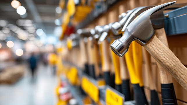 Close-up of a bright hardware store aisle showing a large display of claw hammers and ball-peen hammers with rubber and wooden handles, each hammer hanging on a pegboard hook with