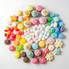 Fototapeta premium An enchanting, diverse assortment of delightful confections, sugary candies, and baked goods forming a beautiful, tempting spectrum of flavors