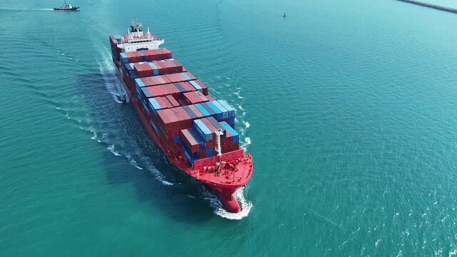isometric view cargo container ship at sunset feight import export container box concept transportation logistics and service to customer and supply change. Vessel ship full load container shipping.