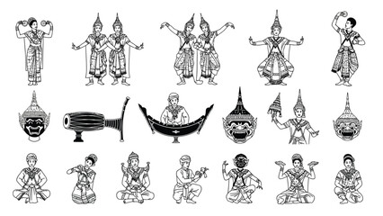 Obraz premium Traditional Thai dancers, khon masks, and musical instruments black and white outline vector set.