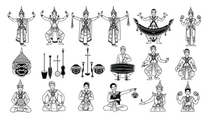 Obraz premium Traditional Thai performing arts, khon dance, musicians and cultural masks black and white outlines set.