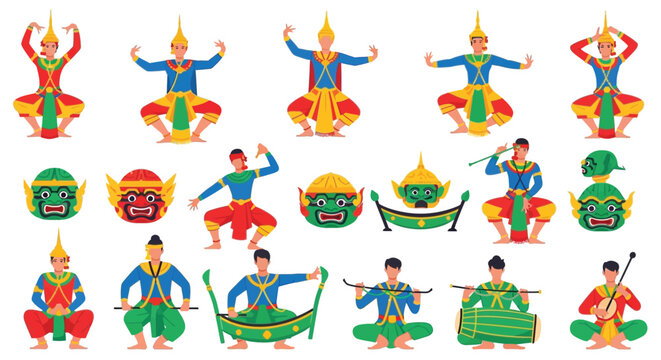Thai traditional dance and khon performance with masks and musical instruments flat vector illustration set.