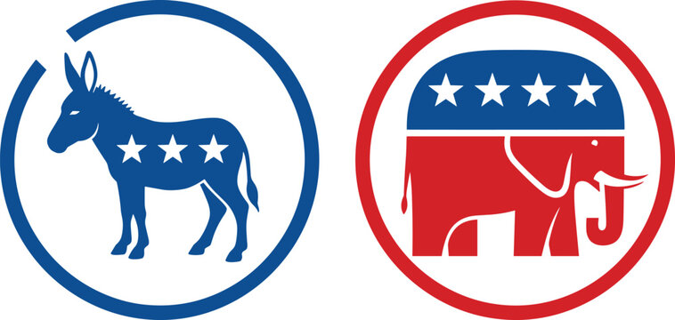 Democratic and Republican political party symbols donkey and elephant icons, USA election concept patriotic red blue emblem set vector illustration -flat vector illustration