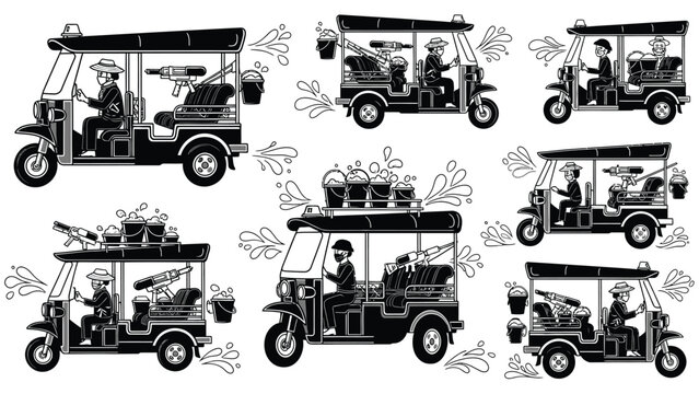 Songkran festival water fight in thailand tuk tuk, people splash water, travel traditional new year in thailand black white.