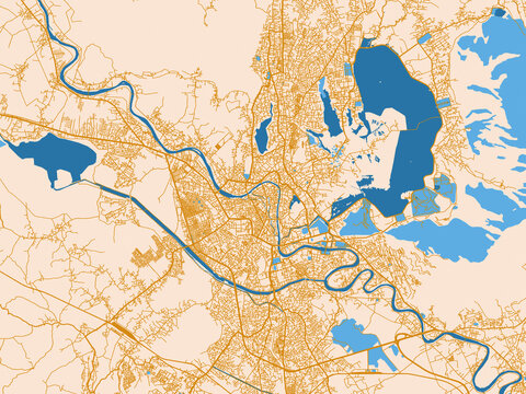 Urban map poster of Srinagar, India &ndash; gold and blue map palette