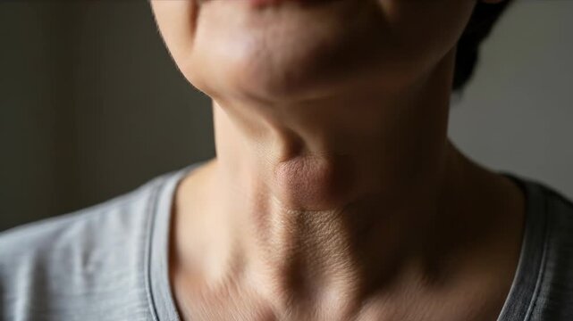 A person's neck displaying a visible goiter, indicating potential thyroid disease, endocrine system health concern, medical diagnosis, human body anatomy