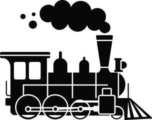 Vintage steam locomotive silhouette icon, classic train engine illustration, black vector design with smoke, railway transport concept, industrial travel symbol isolated background © Ariyan