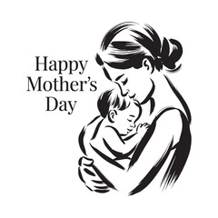 A black and white illustration depicting a mother lovingly embracing her baby © taslima