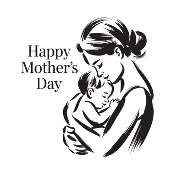 A black and white illustration depicting a mother lovingly embracing her baby