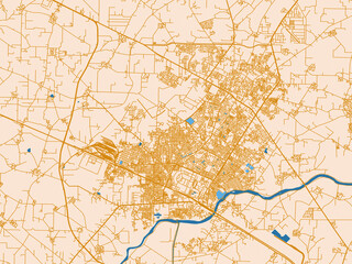 Fototapeta premium City map of Yamunanagar, India — soft ivory map base with ochre-gold streets and clear blue water shapes for crisp contrast