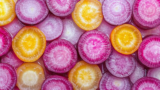 Vibrant Round Sliced Beet Root Rings with Beautiful Concentric Patterns on a Translucent Background