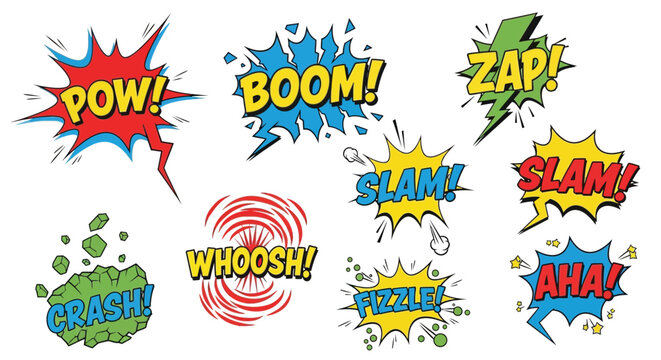 Set of colorful comic book sound effect words like pow boom zap slam whoosh crash fizzle aha.
