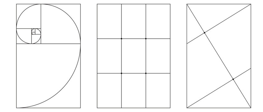 Set of design composition guides featuring golden ratio spiral rule of thirds and golden sections