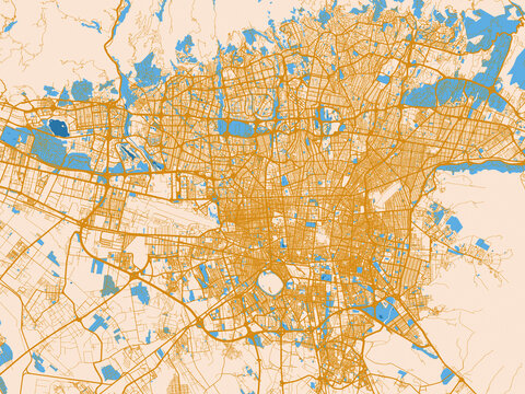 Minimal city map of Tehran, Iran with mustard-gold streets on cream