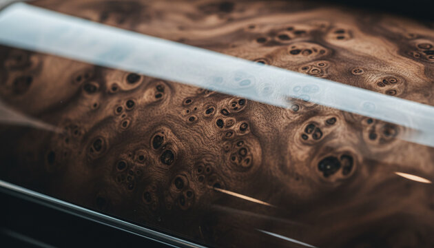 Highly polished walnut burl wood veneer texture with glossy lacquer