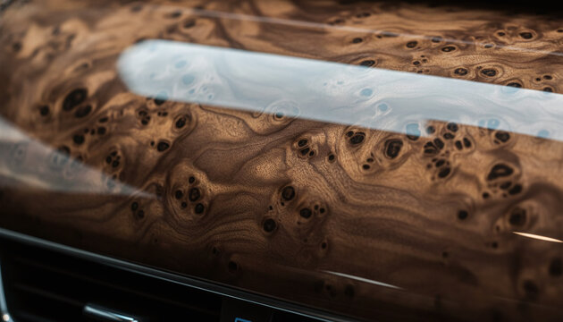 Highly polished walnut burl wood veneer texture with glossy lacquer