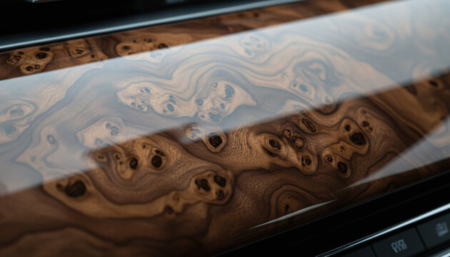Highly polished walnut burl wood veneer texture with glossy lacquer
