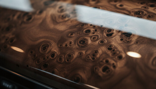 Highly polished walnut burl wood veneer texture with glossy lacquer