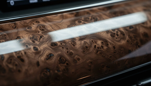 Highly polished walnut burl wood veneer texture with glossy lacquer