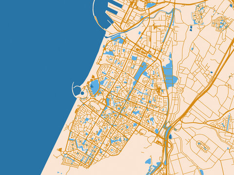 City map poster of Ashdod, Israel &ndash; gold and blue map palette