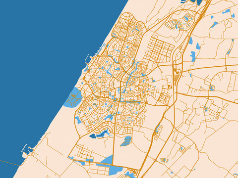 Street network map of Ashkelon, Israel, mustard-gold streets on cream