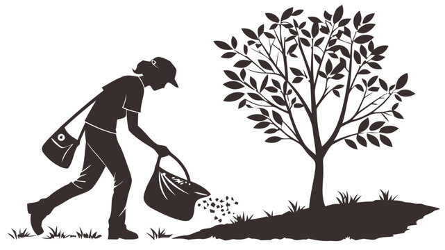 Person silhouette carrying reusable bag planting tree eco friendly living sustainability environmental conservation green initiative nature outdoors gardening recycling eco