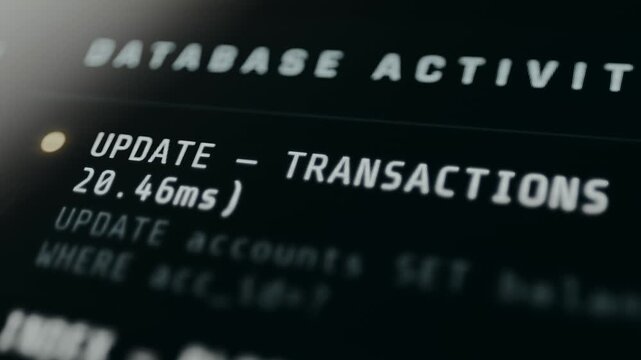 Database Activity Feed, live SQL queries, INSERT, UPDATE, INDEX operations with table names, row counts, and latency