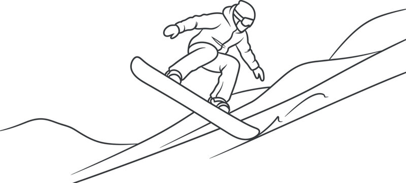 A dynamic black and white line art illustration depicts a snowboarder carving down a snowy mountain slope, showcasing the exhilarating winter sport with speed, skill, and freedom.