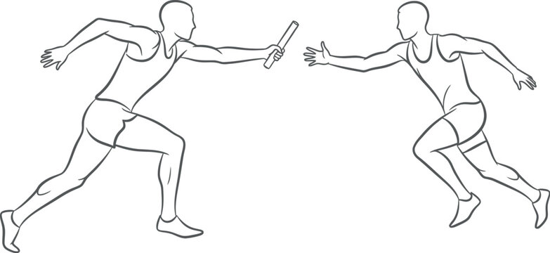 Two athletic runners in action performing a precise baton exchange during a competitive relay race event, highlighting teamwork, speed, and coordinated effort in track and field sport.