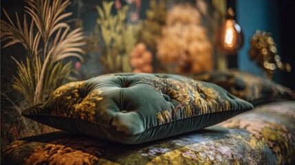 Naklejka premium Deep Forest Green Velvet Tufted Cushion with Ornate Floral Pattern in Luxurious Interior Setting