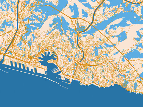 City map of Genoa, Italy &ndash; golden linework with blue water