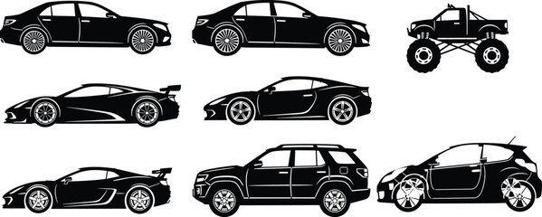 Vector collection of various car silhouettes including sports cars, sedans, SUV, and monster truck for automotive branding and transport icons © Hadiul