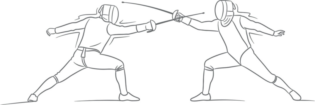 A compelling line art illustration captures two fencers in a dynamic duel, demonstrating intense concentration, precision, and athletic prowess during a thrilling competitive fencing match.