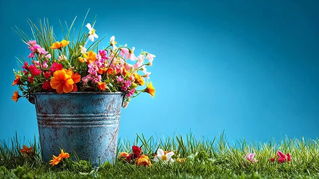 Flowers in Rustic Bucket on Grass