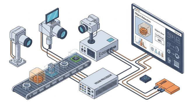 Automated Quality Control System with Cameras and Conveyor Belt.